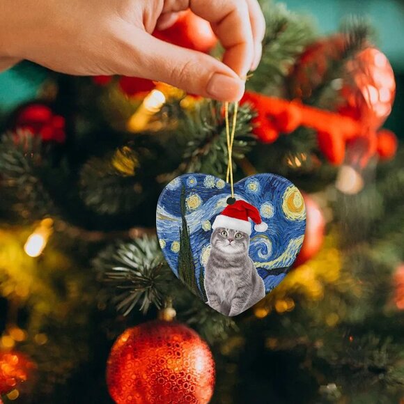 🆕 Cat Christmas Ornament Lover Decorations Ceramic Tree Tabby Xmas Hat Gifts - Picture 4 of 4